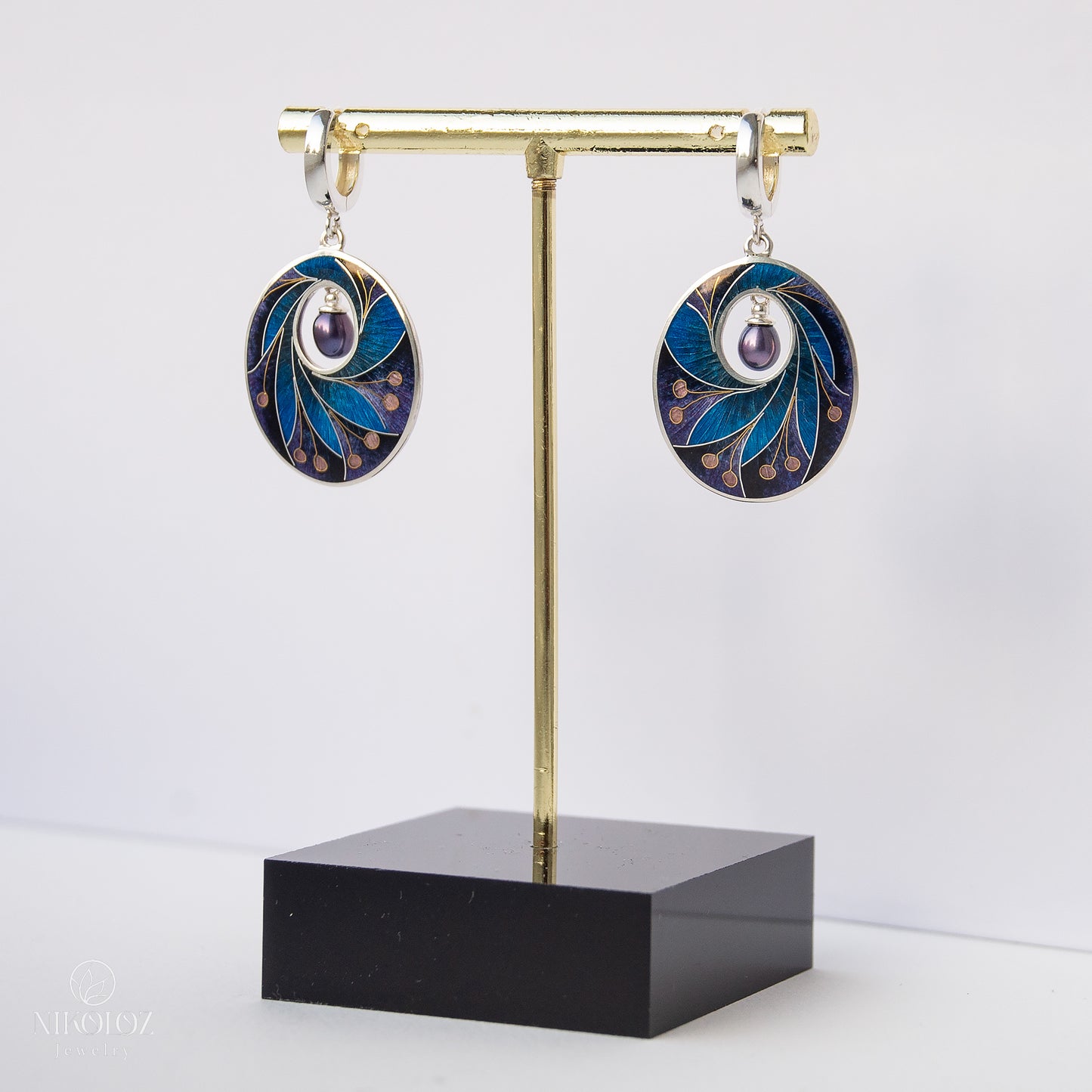 Dark Cloisonné Enamel Earrings With Peacock Pearls