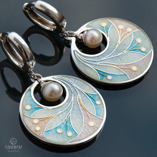 Pastel Colors Cloisonne Enamel Earrings With White freshwater Pearls