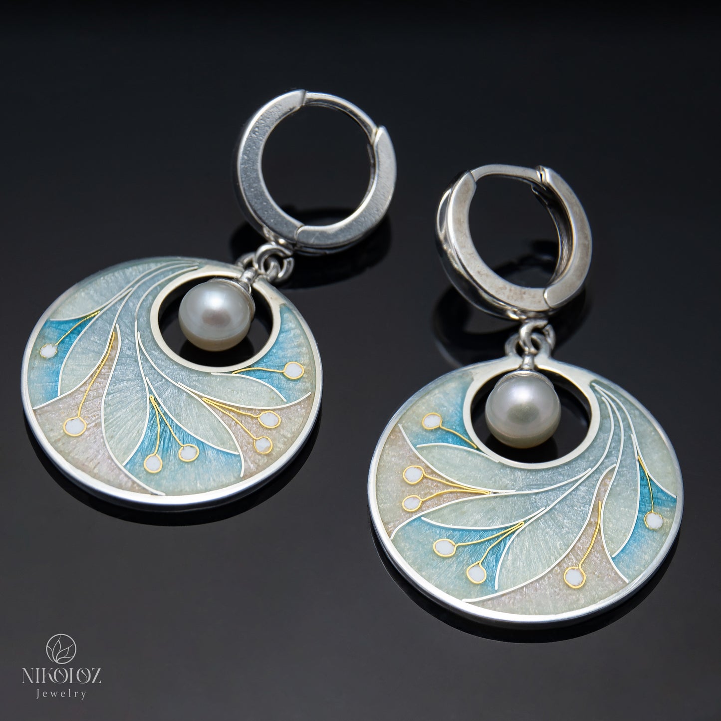 Pastel Colors Cloisonne Enamel Earrings With White freshwater Pearls