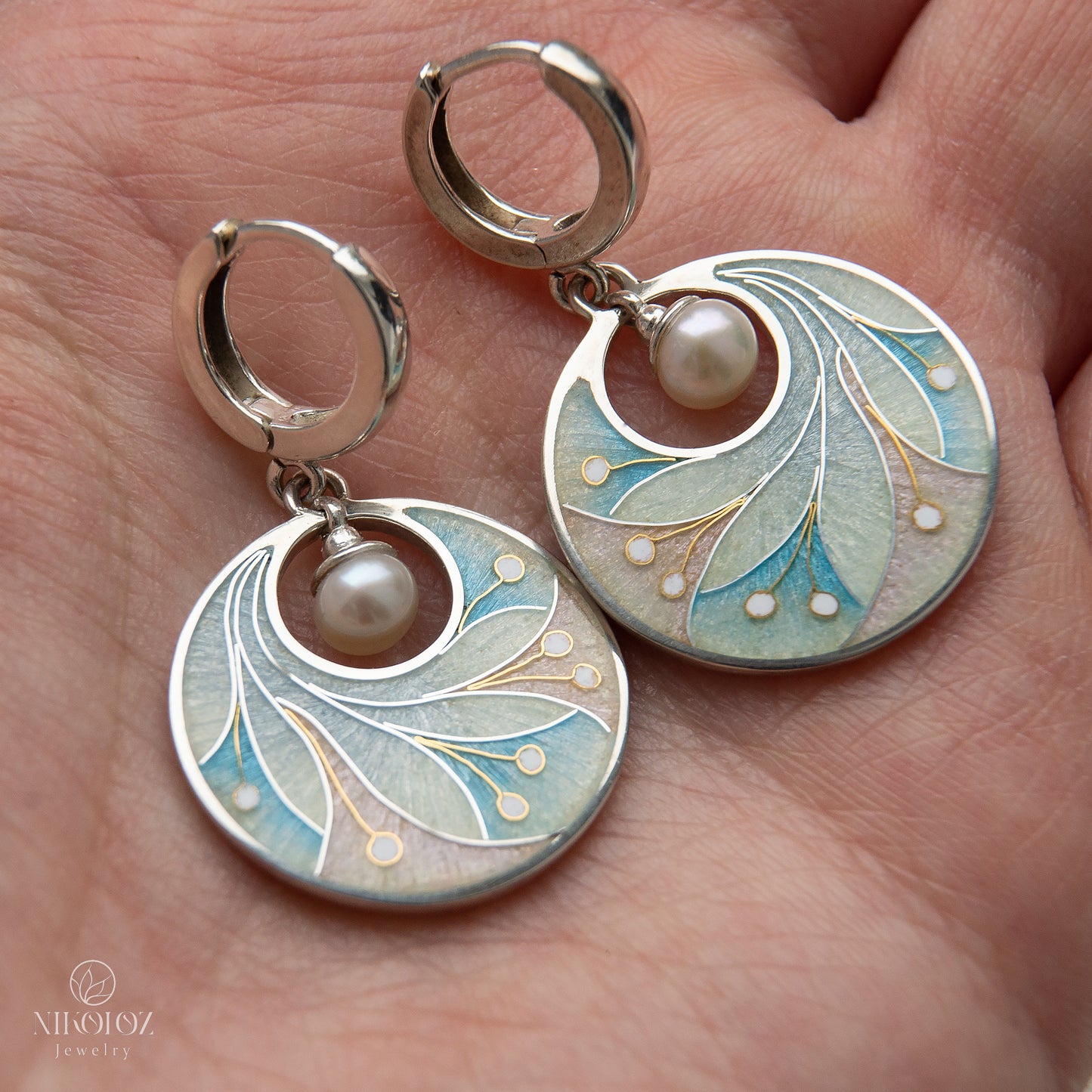 Pastel Colors Cloisonne Enamel Earrings With White freshwater Pearls