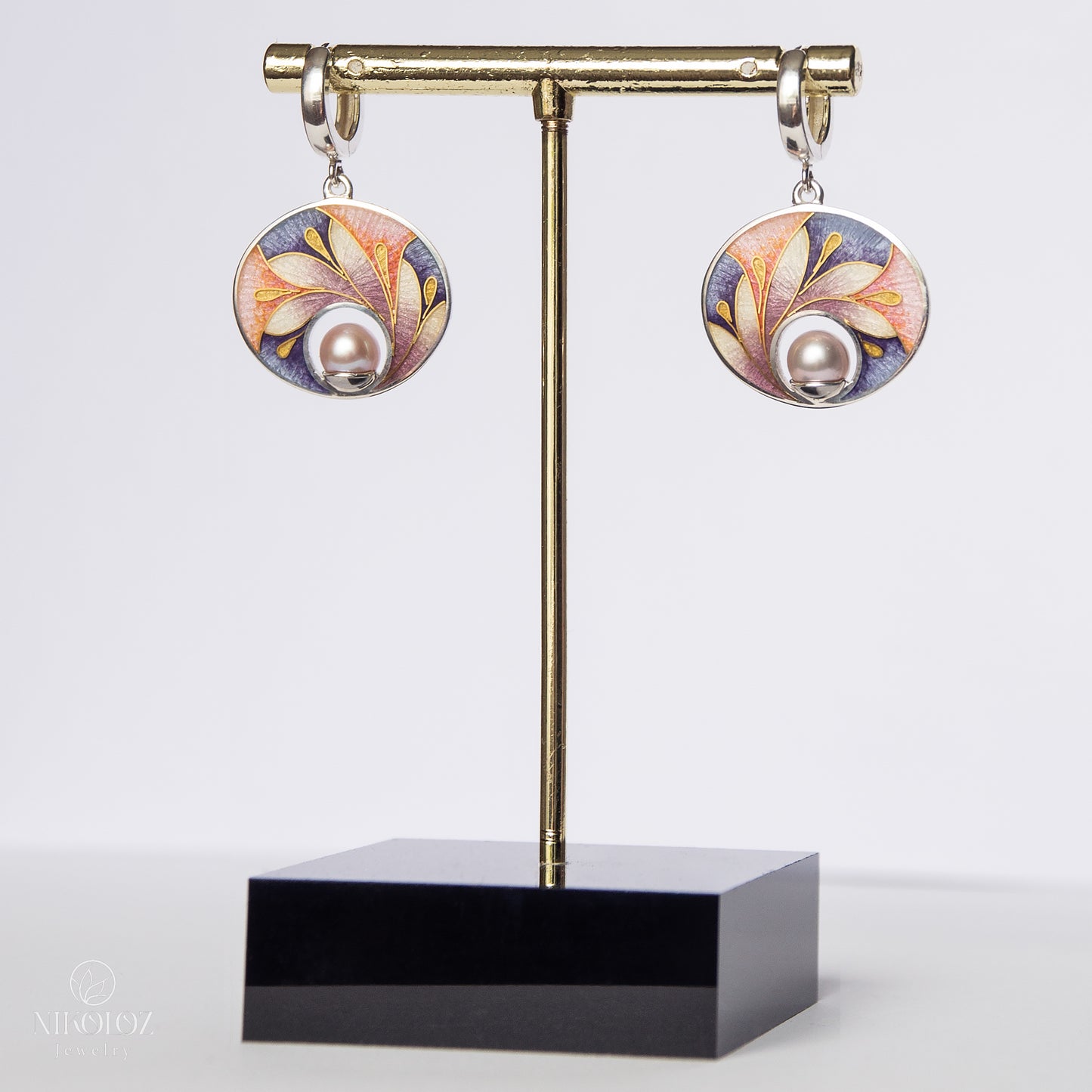 Cloisonné Enamel, Sterling Silver, 24k Gold Earrings With Natural Rose Pearls