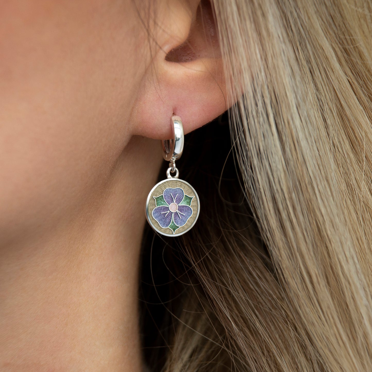 Purple Viola Flower Cloisonne Enamel Earrings