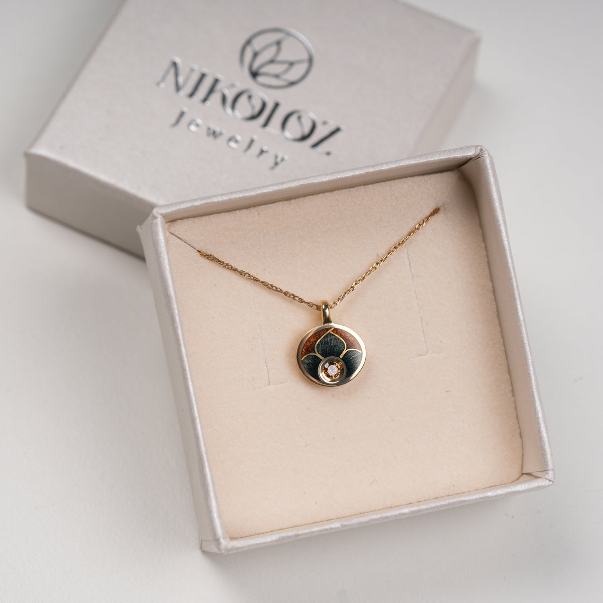 Diamond Pendant In 18K Solid Gold and Cloisonne Enamel