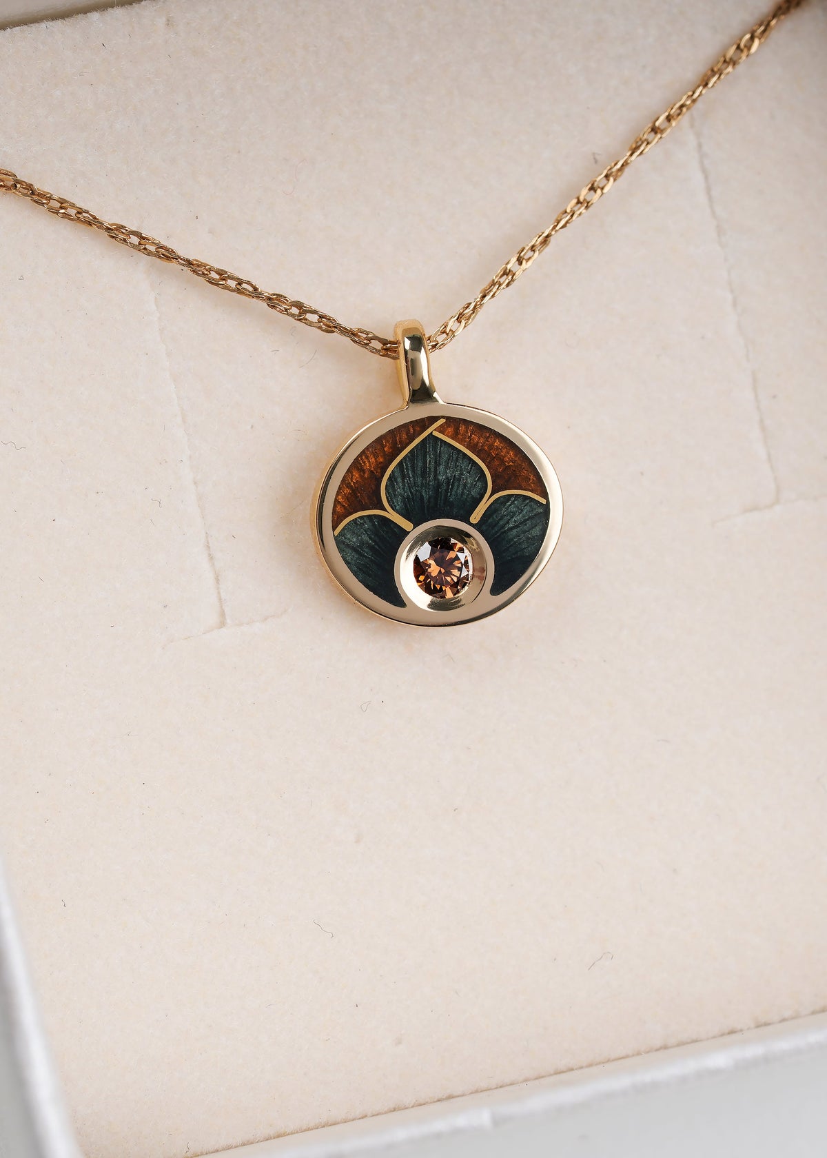 Diamond Pendant In 18K Solid Gold and Cloisonne Enamel