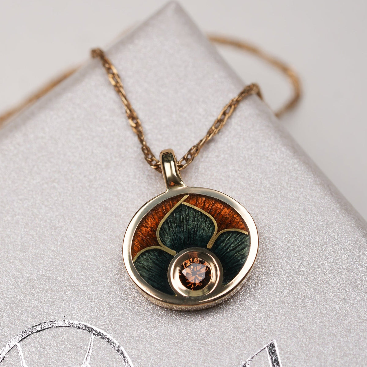 Diamond Pendant In 18K Solid Gold and Cloisonne Enamel