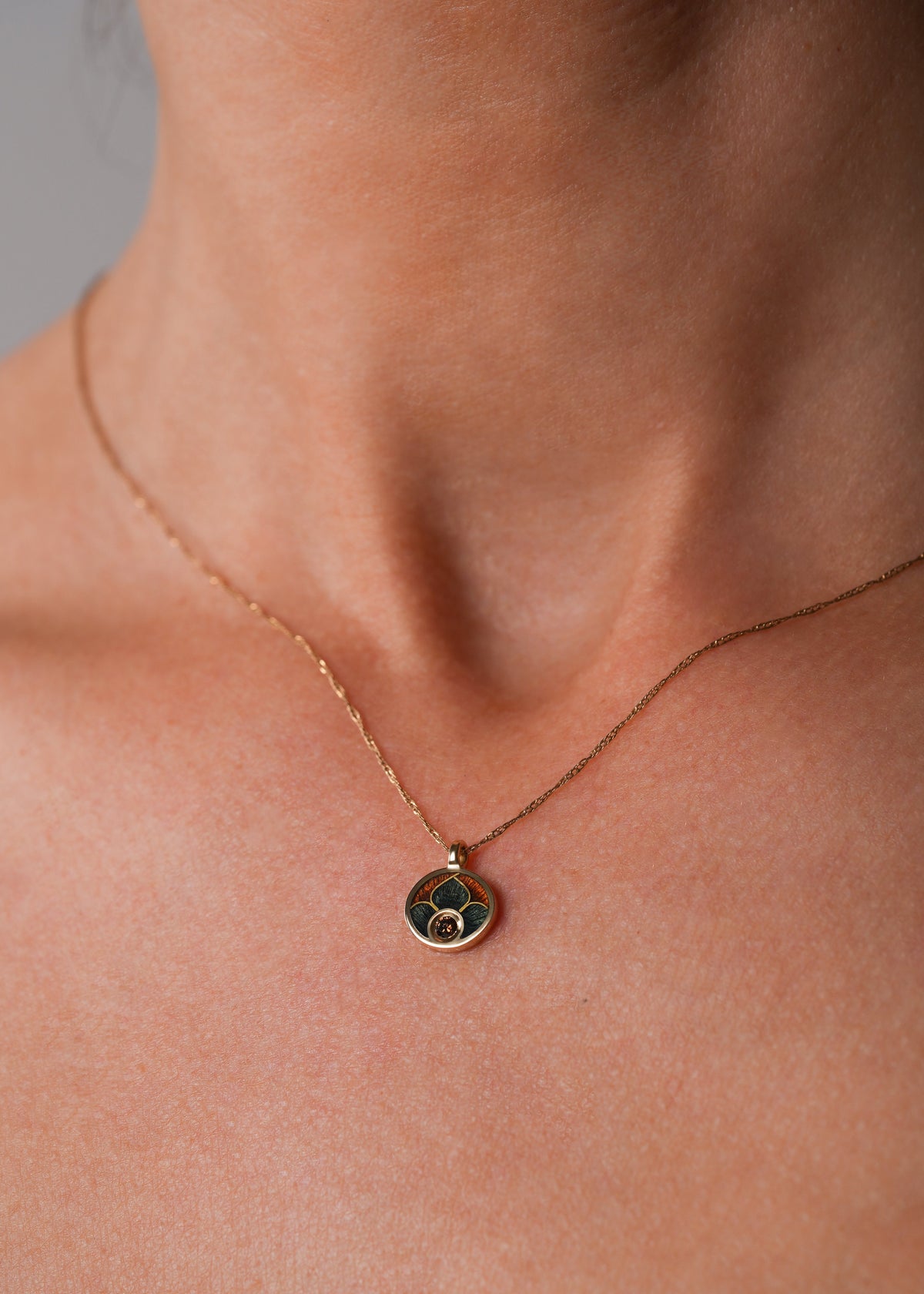Diamond Pendant In 18K Solid Gold and Cloisonne Enamel