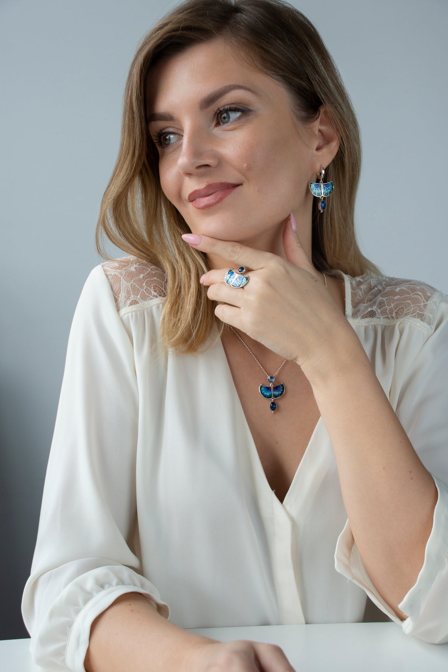 Butterfly Kyanite Ring: 24K Gold Cloisonne Enamel, Sterling Silver