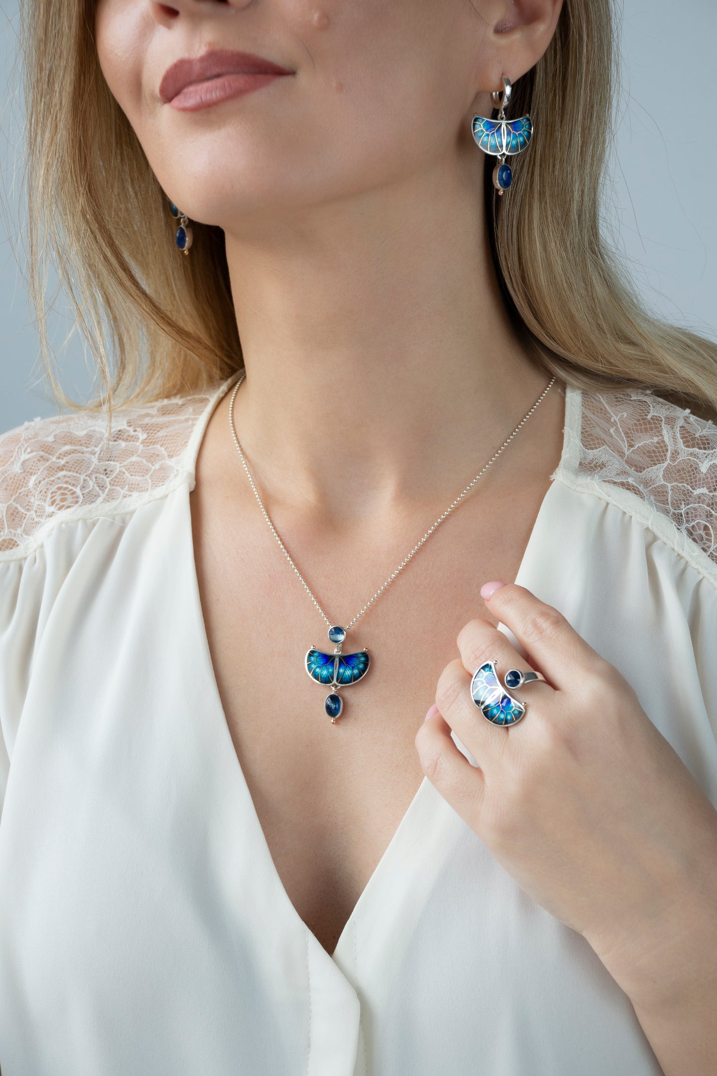 Butterfly Kyanite Ring: 24K Gold Cloisonne Enamel, Sterling Silver