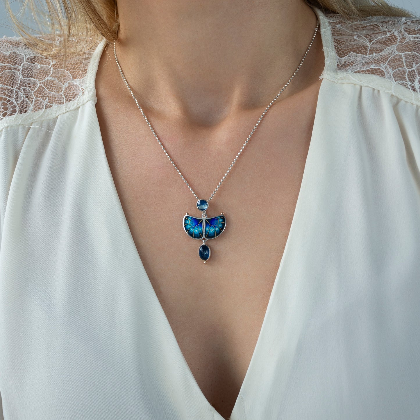 Cloisonne Enamel Set "Butterfly" With Kyanite And Gold