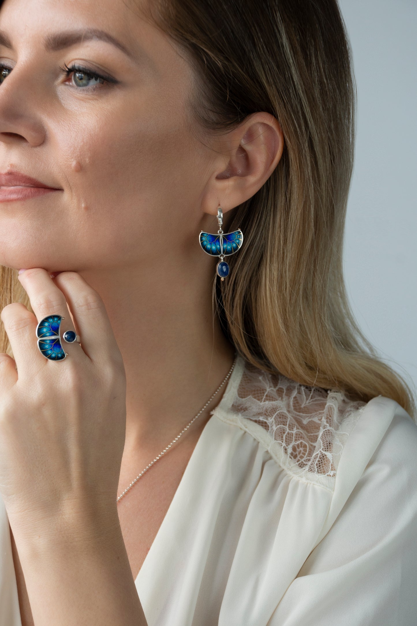 Butterfly Kyanite Ring: 24K Gold Cloisonne Enamel, Sterling Silver