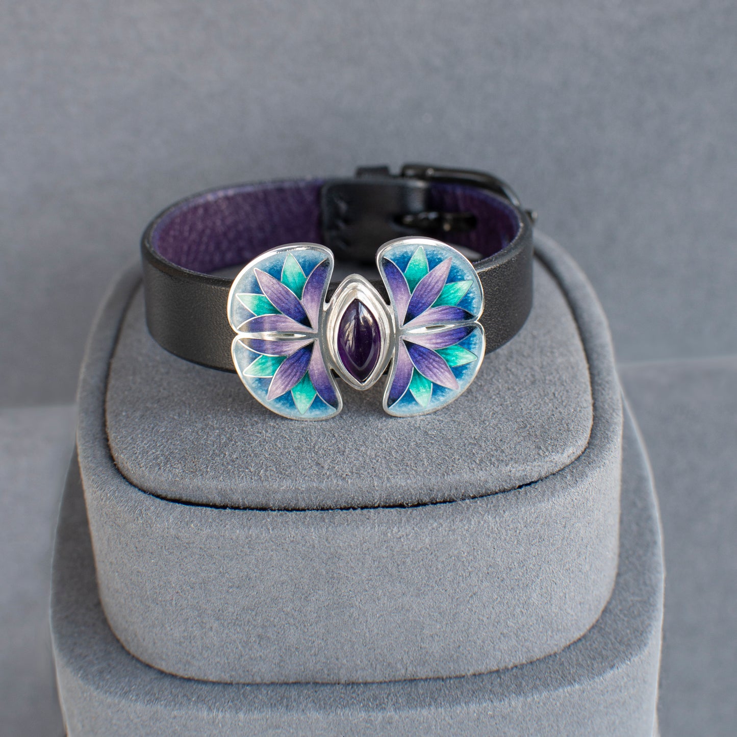 Cloisonne Enamel Leather Bracelet, Sterling Silver Bracelet With Leather Strap