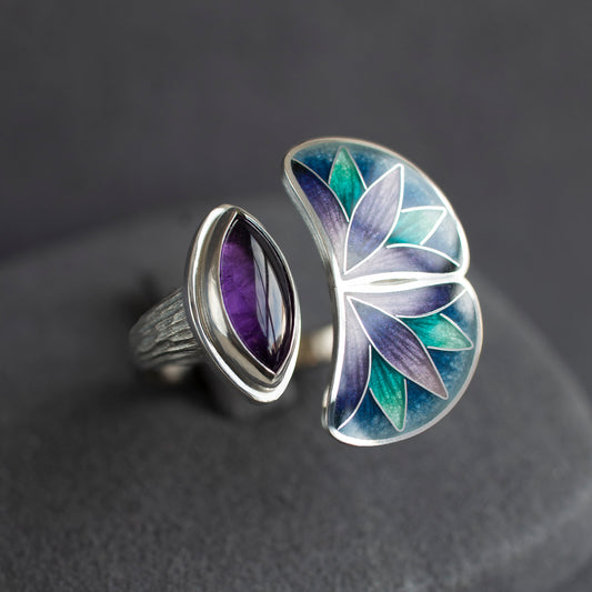 Cloisonne Enamel Open Ring With Amethyst Marquise Stone