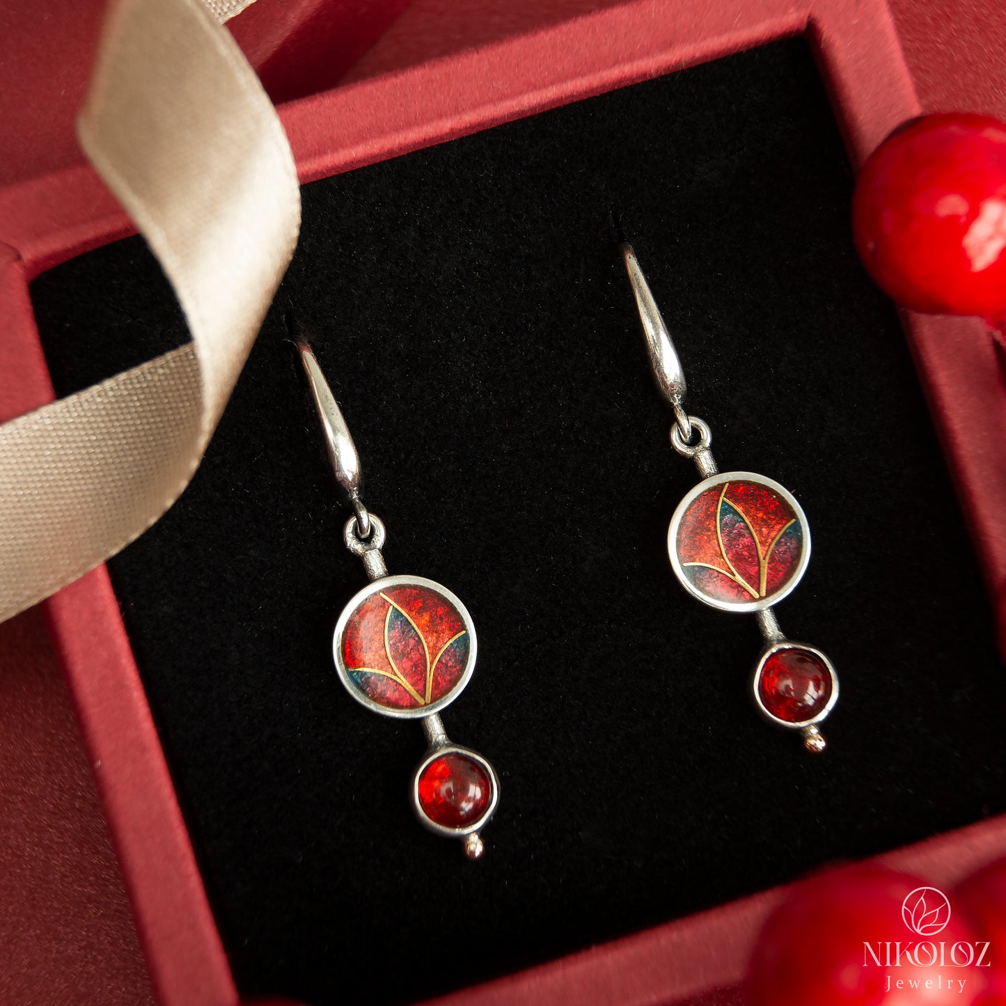 Cloisonné Enamel Red Earrings With Gold And Garnet Stones