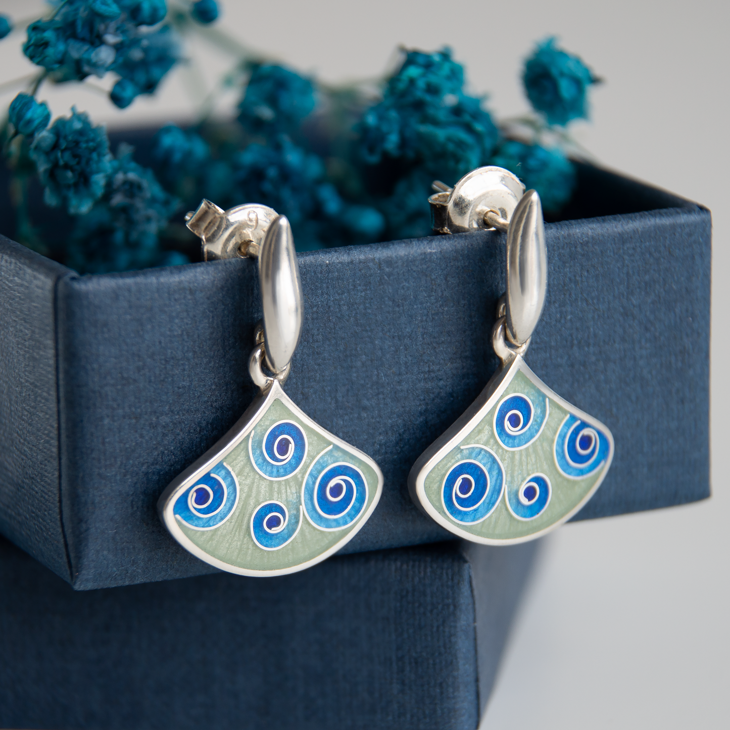 Cloisonne Enamel Earrings Blue Spiral