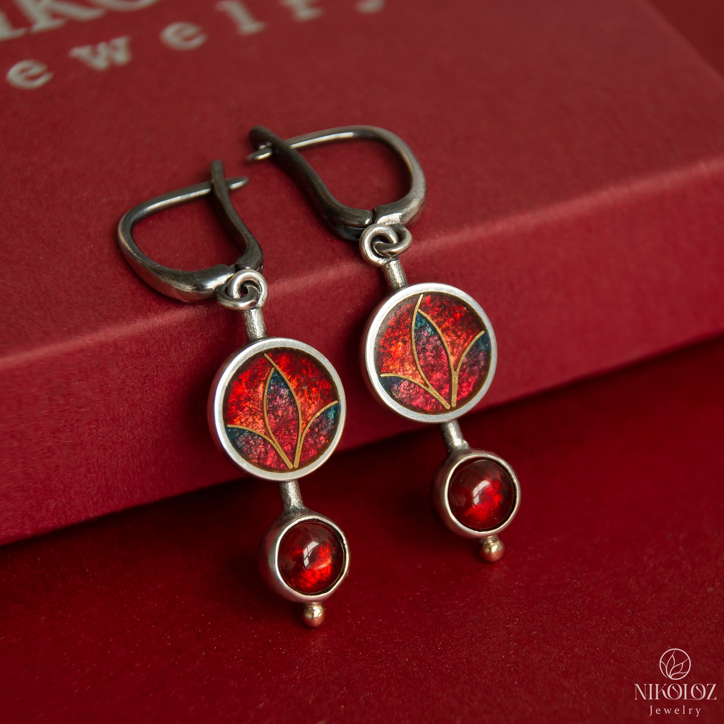 Cloisonné Enamel Red Earrings With Gold And Garnet Stones