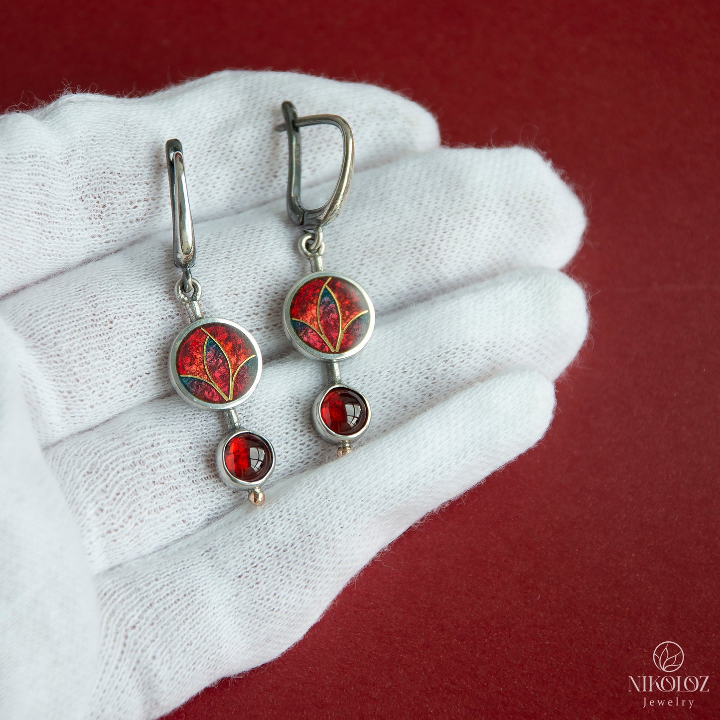 Cloisonné Enamel Red Earrings With Gold And Garnet Stones