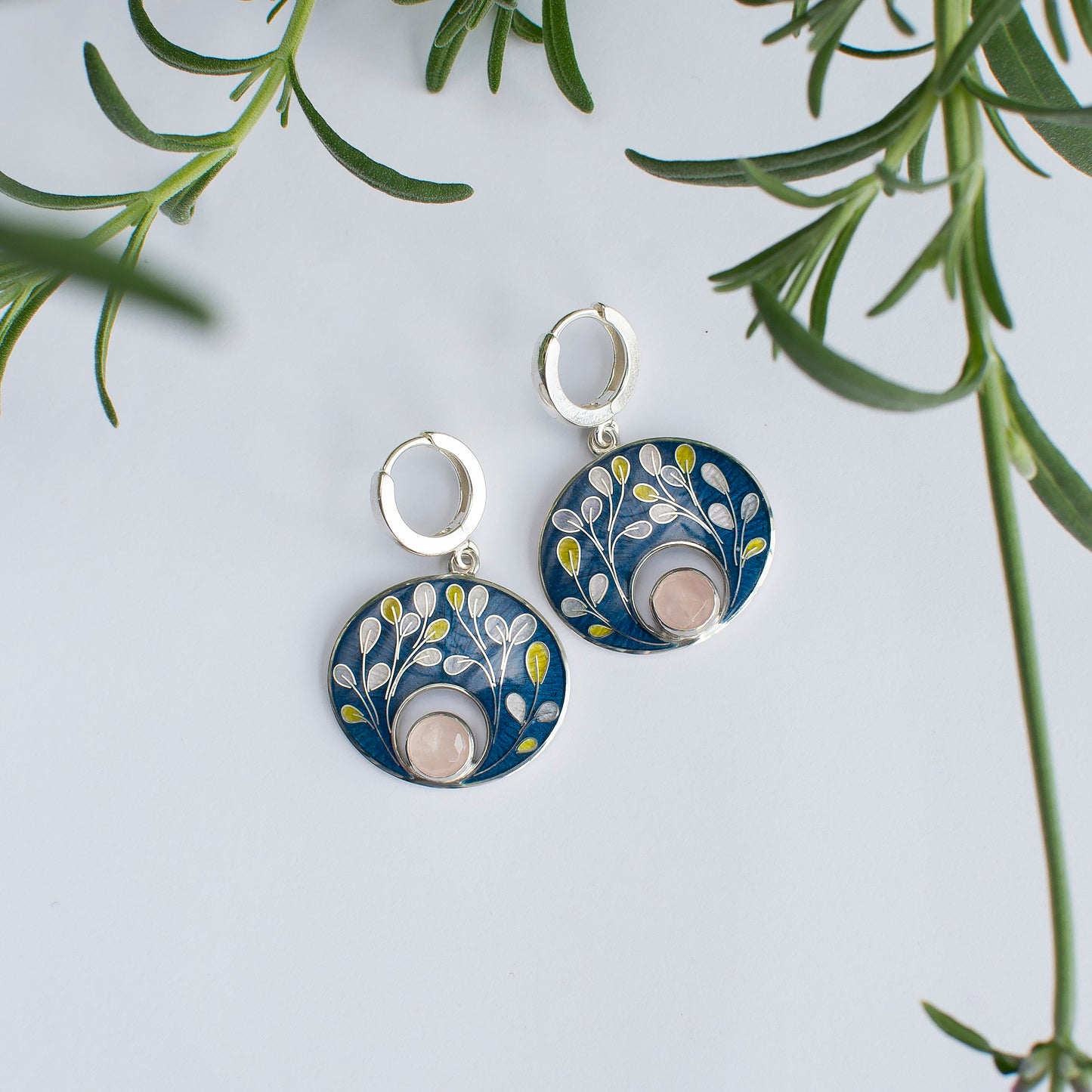 Planty Cloisonne Enamel Earrings And Necklace Set With Rose Quartz
