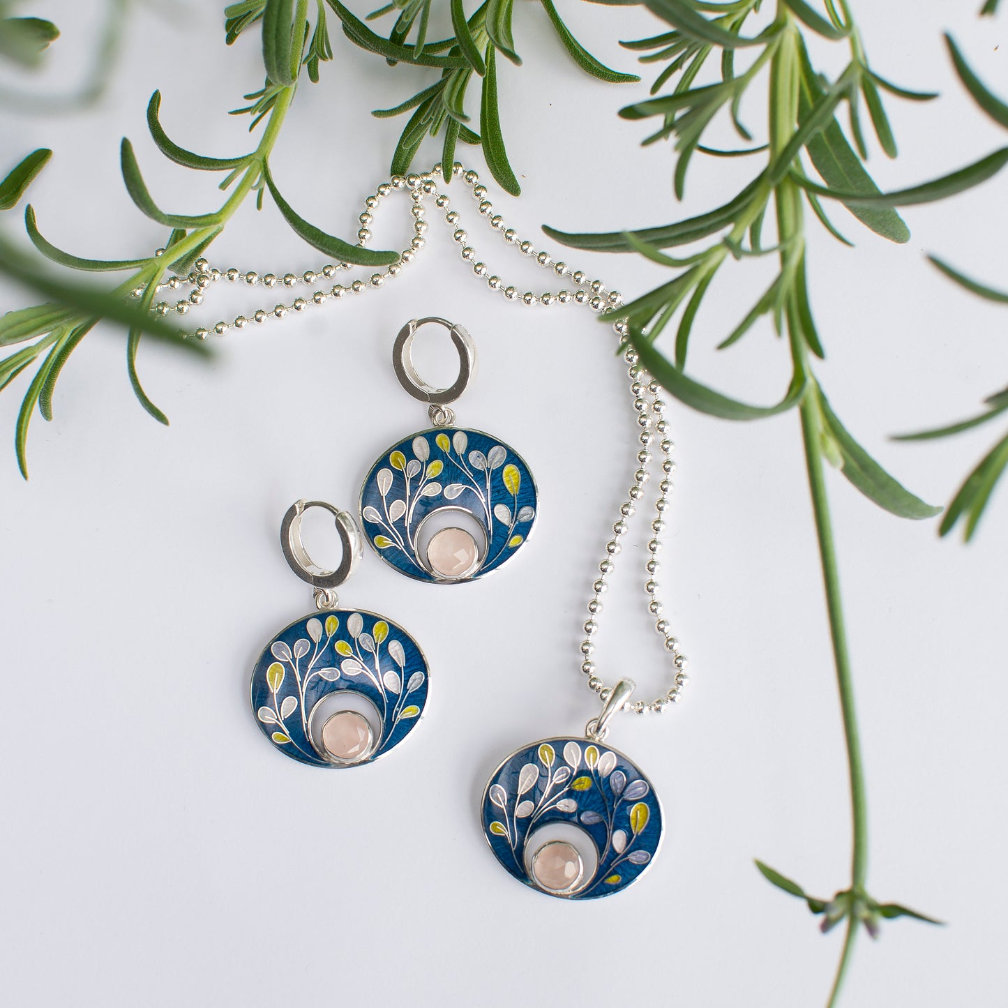 Planty Cloisonne Enamel Earrings And Necklace Set With Rose Quartz