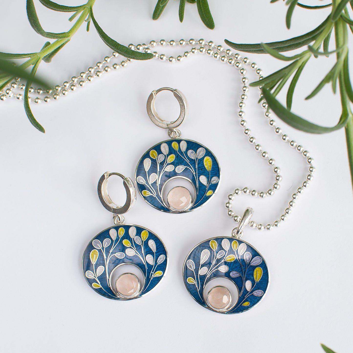 Planty Cloisonne Enamel Earrings And Necklace Set With Rose Quartz