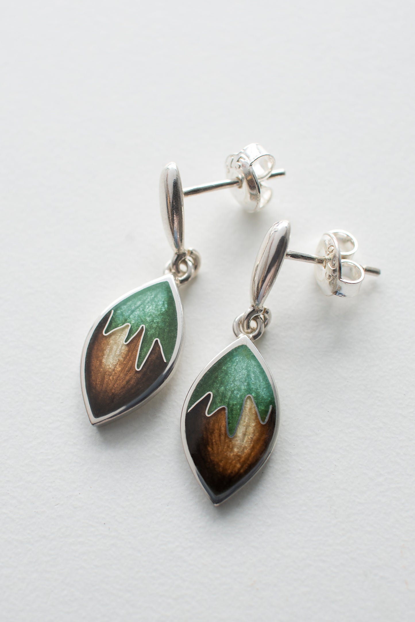 Cloisonne Enamel Hazelnut Earrings: Sterling Silver Dangle Studs