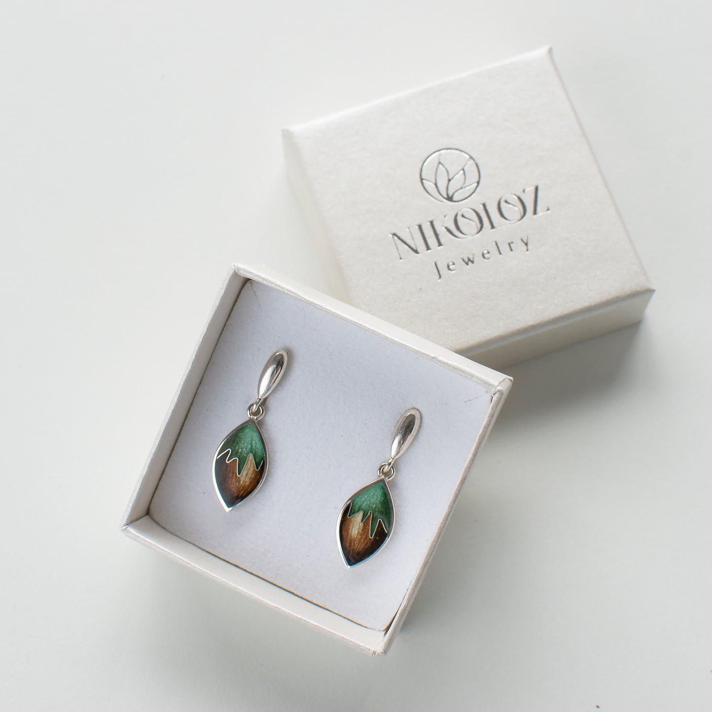 Cloisonne Enamel Hazelnut Earrings: Sterling Silver Dangle Studs