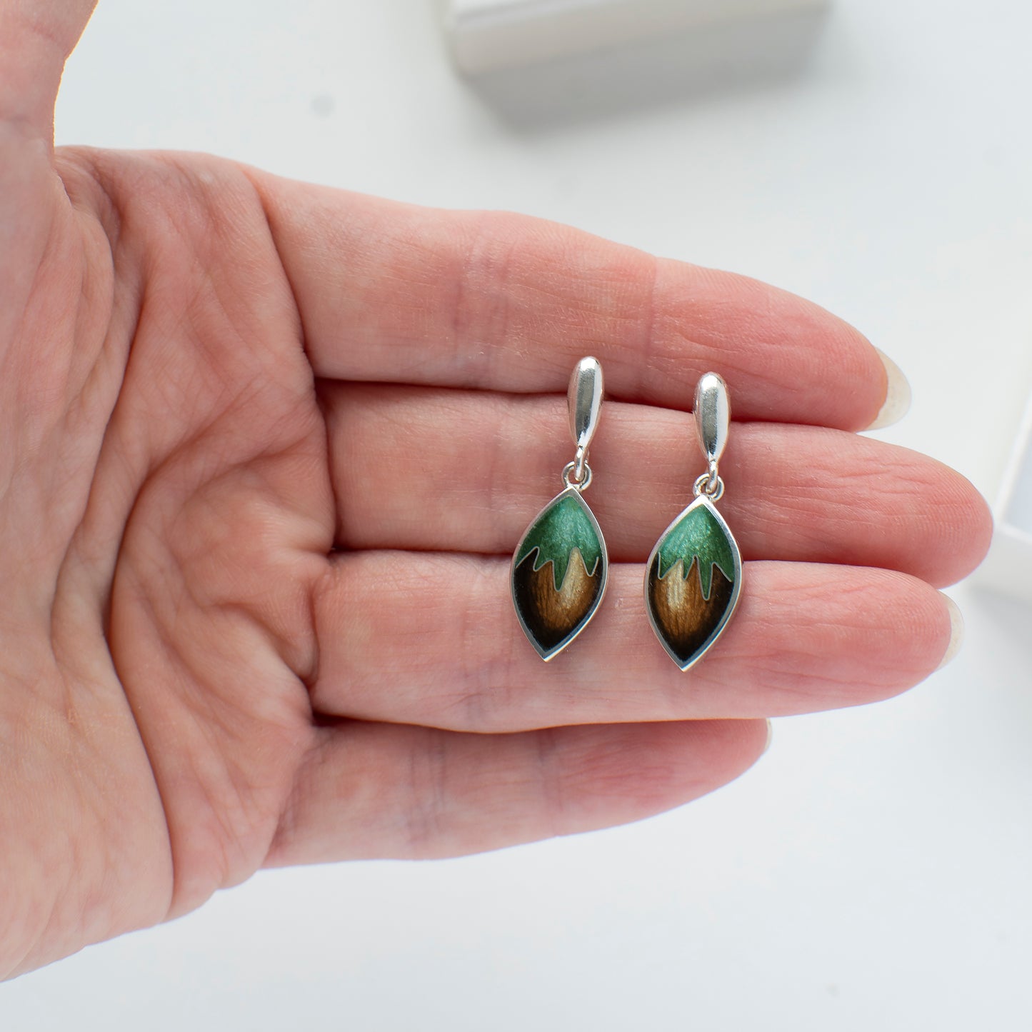 Cloisonne Enamel Hazelnut Earrings: Sterling Silver Dangle Studs