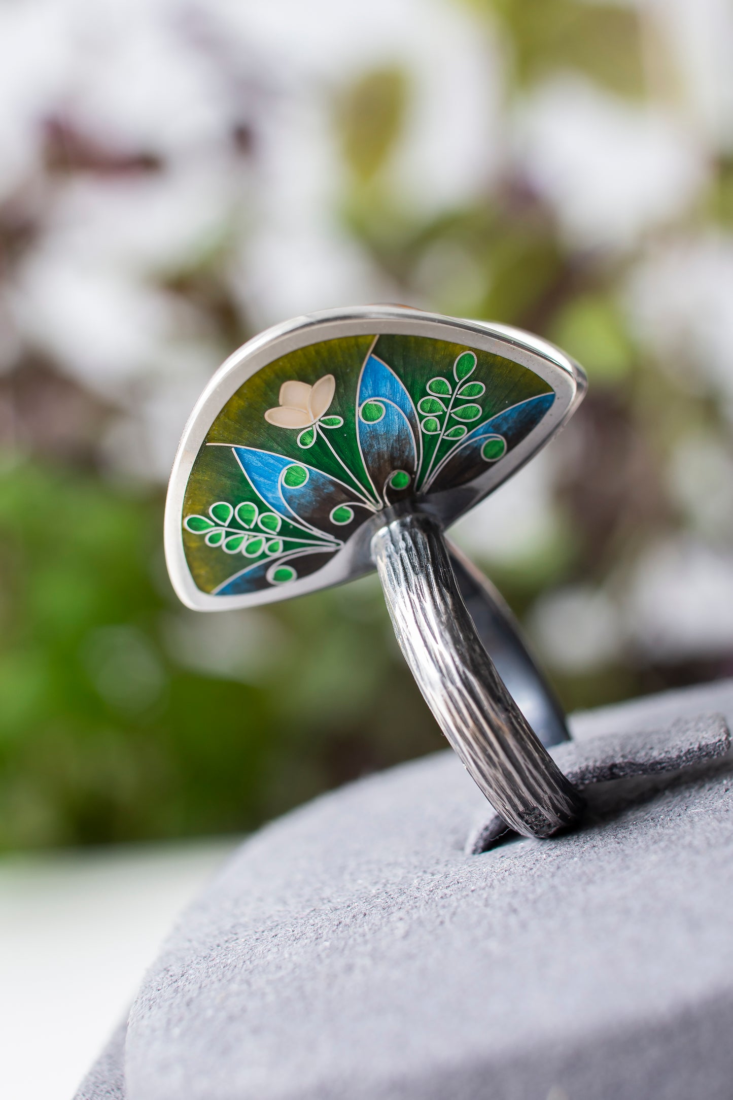 Lapwing And Fern Flower Enamel Ring With Baltic Amber