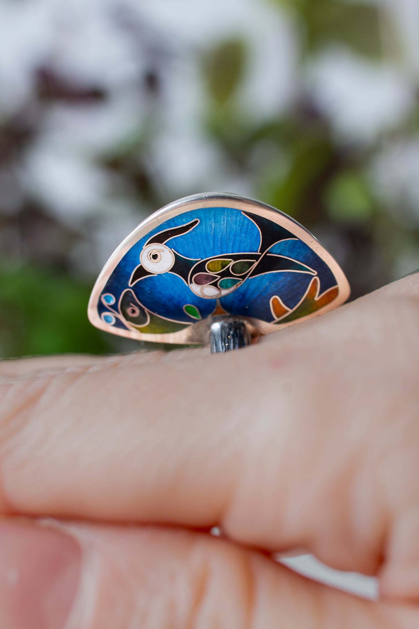 Lapwing And Fern Flower Enamel Ring With Baltic Amber