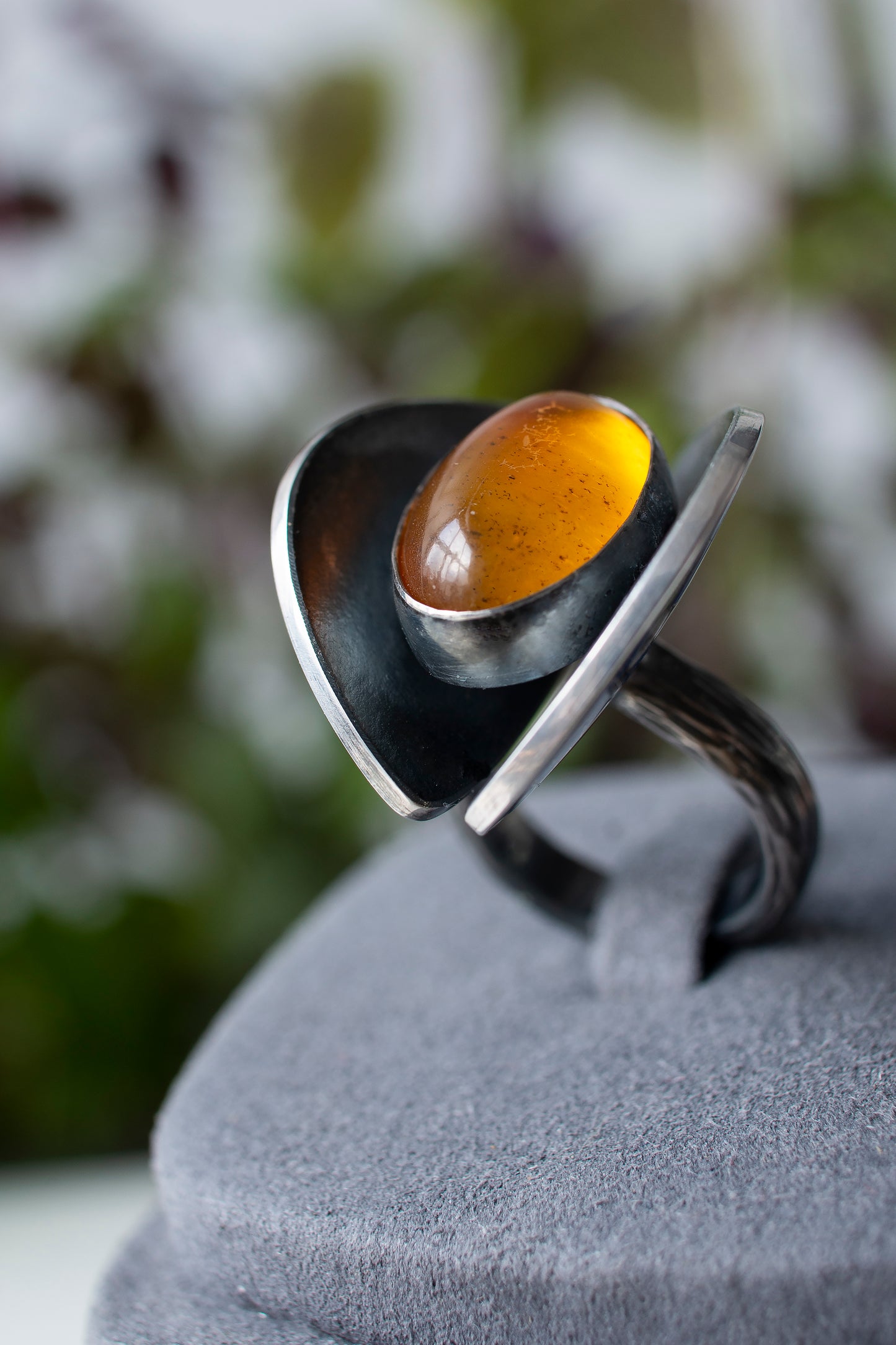 Lapwing And Fern Flower Enamel Ring With Baltic Amber