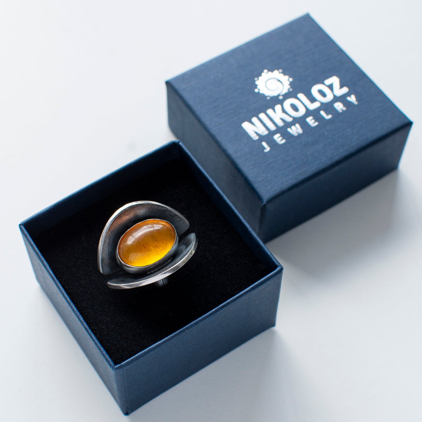 Lapwing And Fern Flower Enamel Ring With Baltic Amber