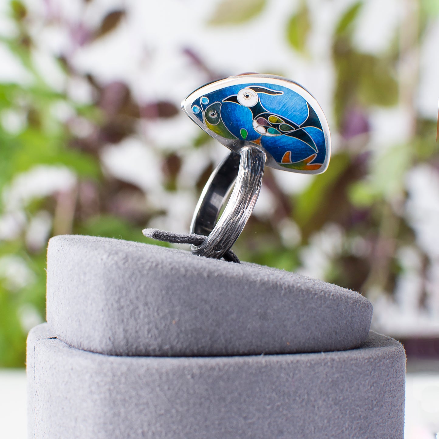 Lapwing And Fern Flower Enamel Ring With Baltic Amber