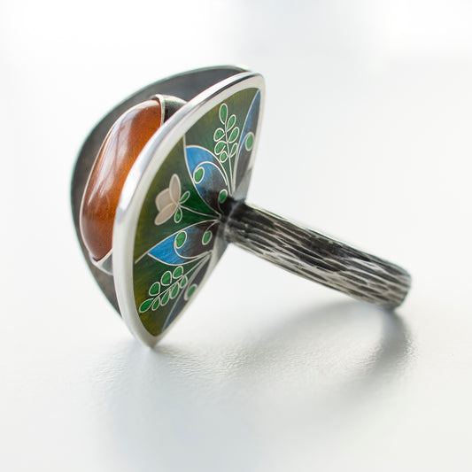 Lapwing And Fern Flower Enamel Ring With Baltic Amber