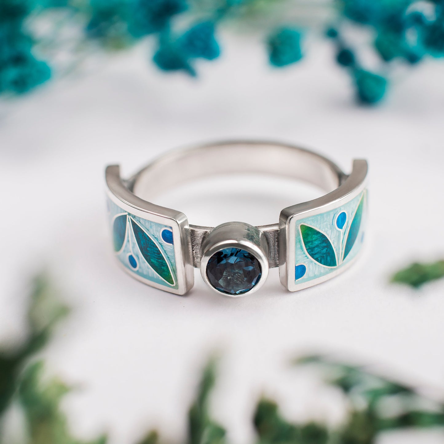 Cloisonné Enamel Ring with London Blue Topaz, Leaf Motif
