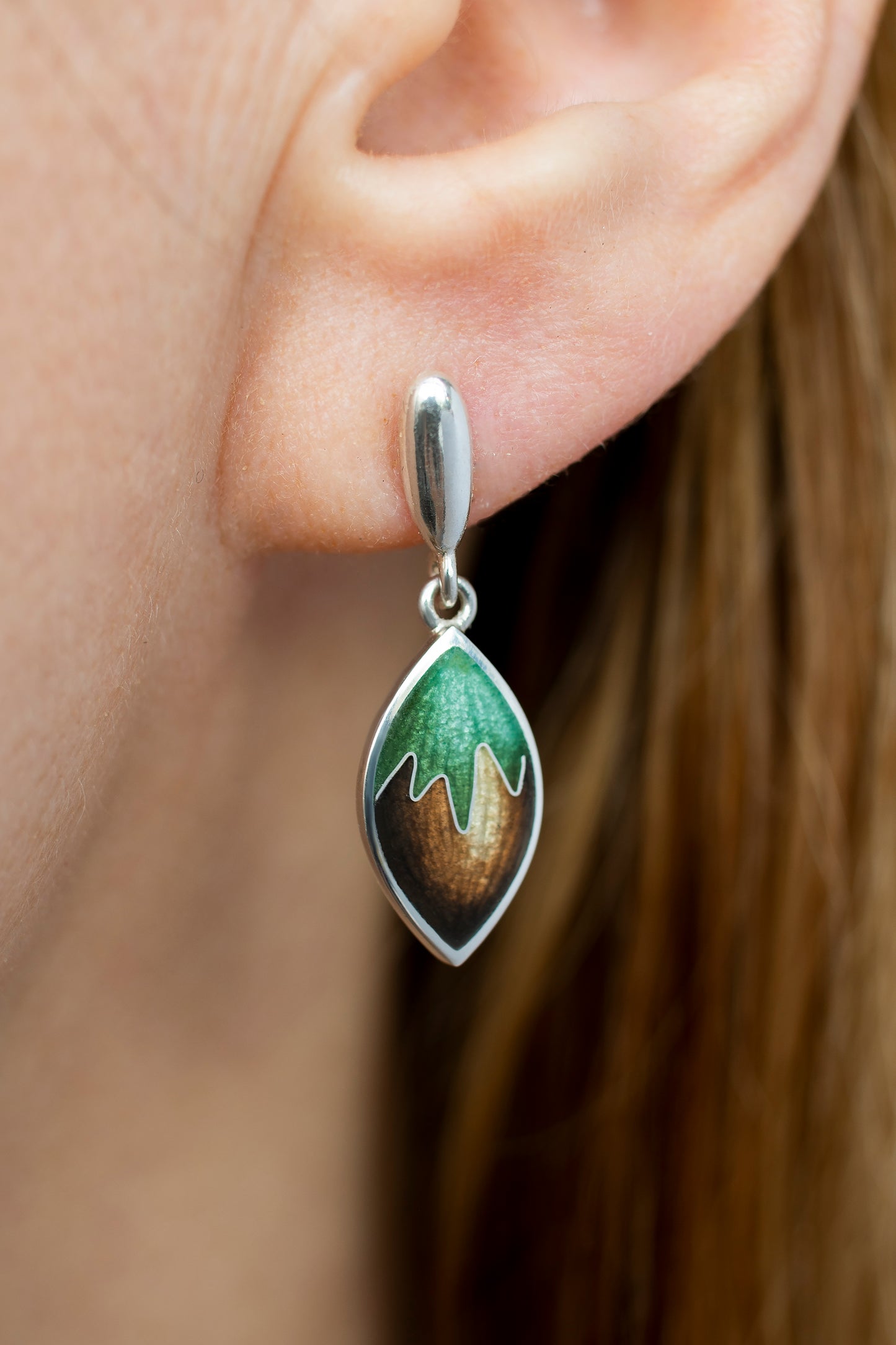 Cloisonne Enamel Hazelnut Earrings: Sterling Silver Dangle Studs
