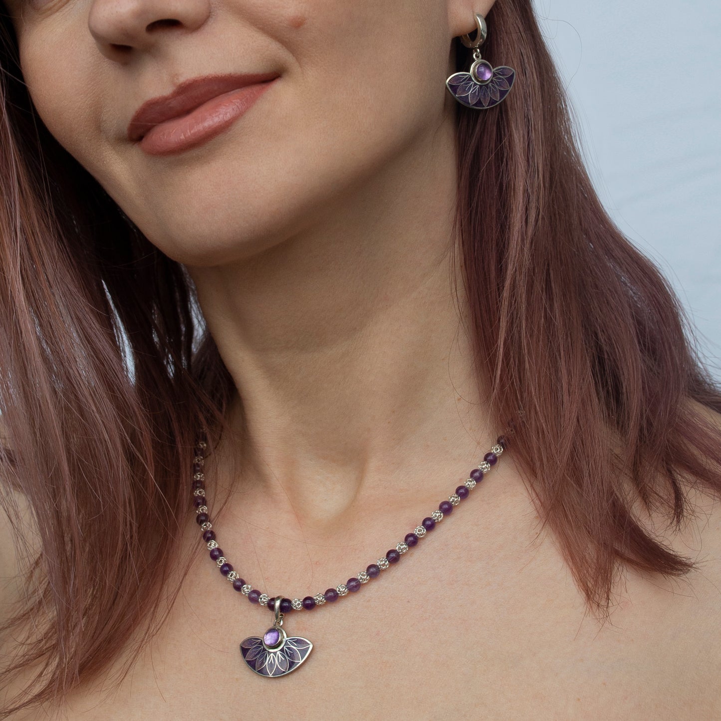 Purple Leaves Semicircle Cloisonné Enamel and Amethyst Pendant