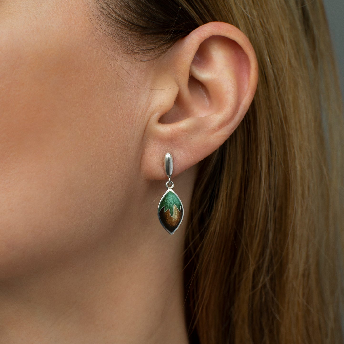Cloisonne Enamel Hazelnut Earrings: Sterling Silver Dangle Studs
