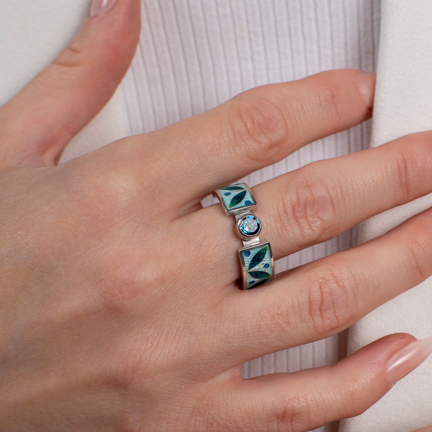 Cloisonné Enamel Ring with London Blue Topaz, Leaf Motif