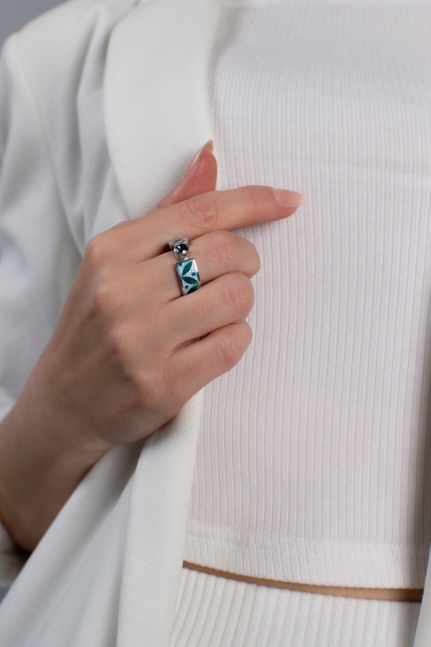Cloisonné Enamel Ring with London Blue Topaz, Leaf Motif