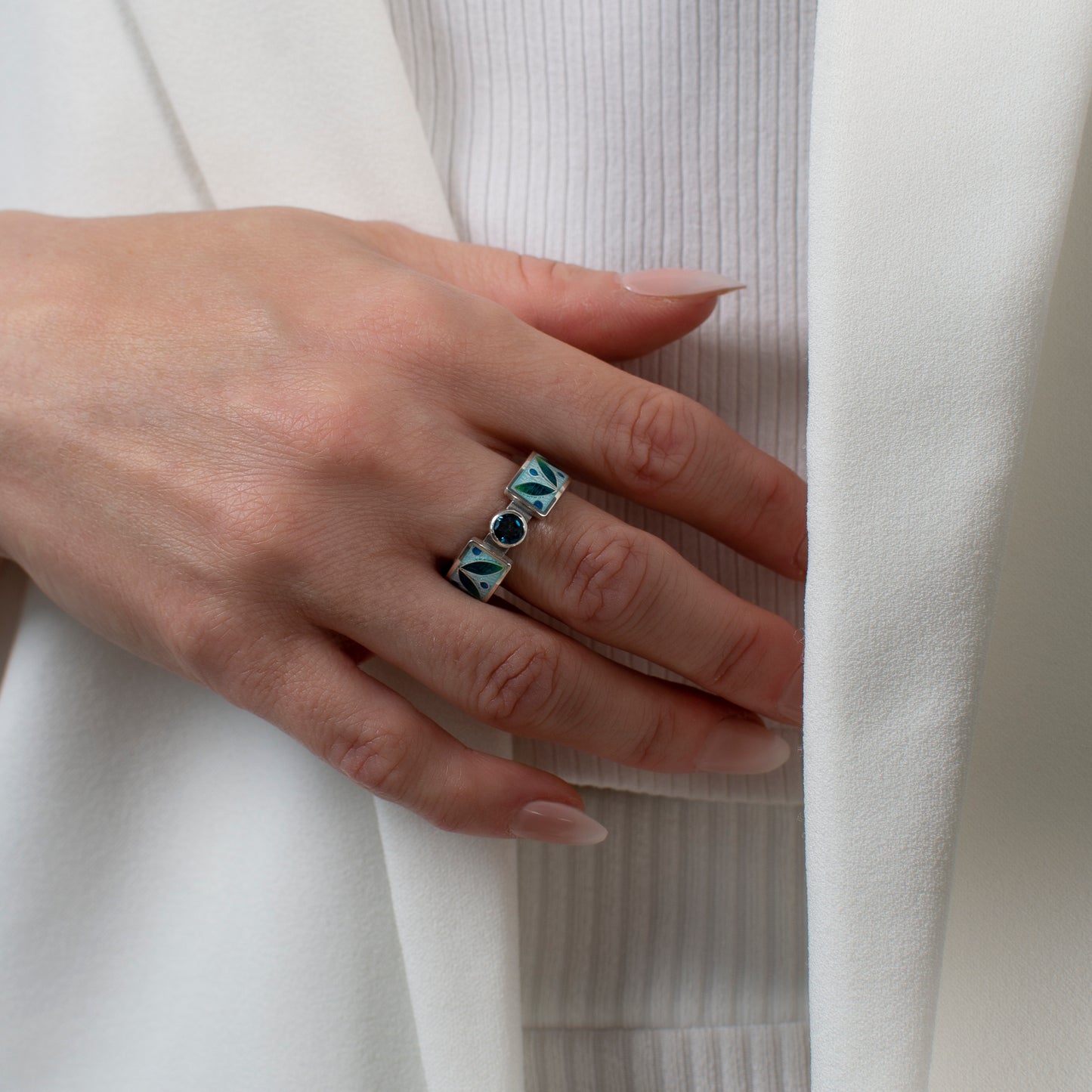 Cloisonné Enamel Ring with London Blue Topaz, Leaf Motif