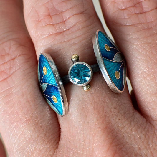 Cloisonné Enamel Ring with Rose Cut Topaz, Blue Double Leaves Ring