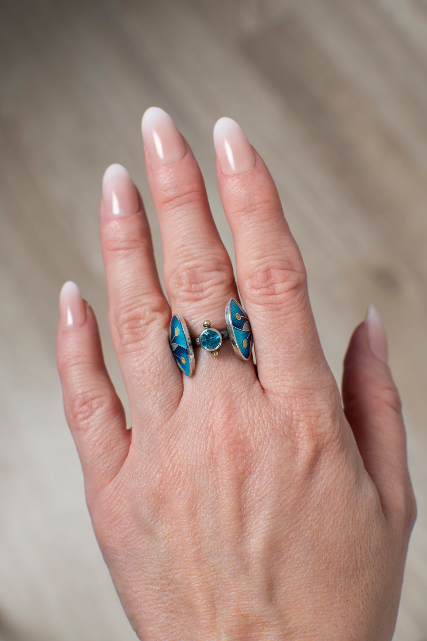 Cloisonné Enamel Ring with Rose Cut Topaz, Blue Double Leaves Ring
