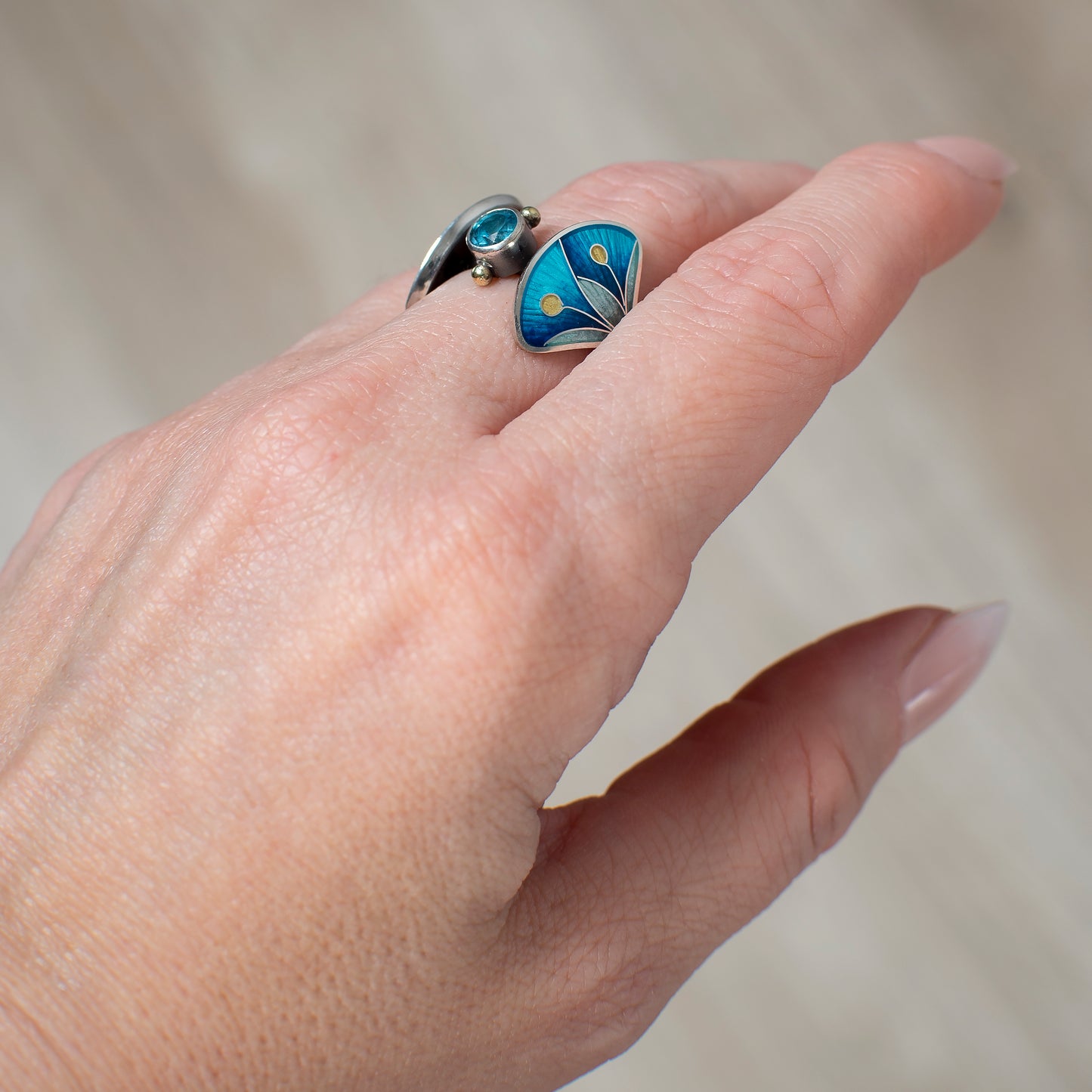 Cloisonné Enamel Ring with Rose Cut Topaz, Blue Double Leaves Ring