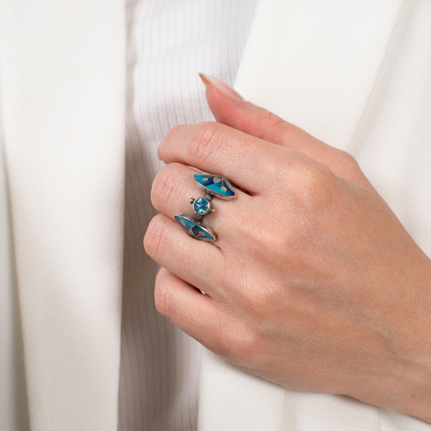 Cloisonné Enamel Ring with Rose Cut Topaz, Blue Double Leaves Ring