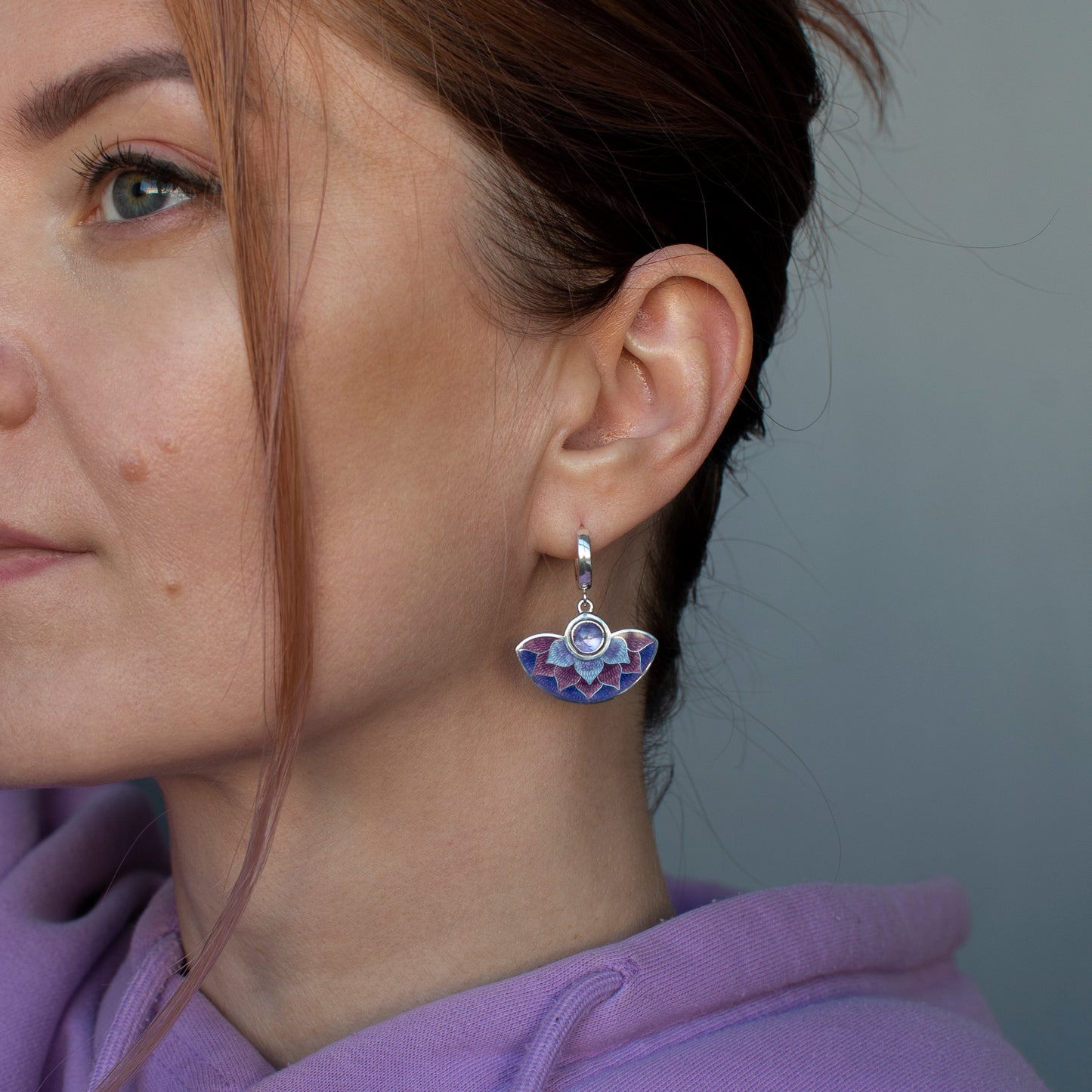 Cloisonne Enamel Silver Earrings With Tanzanite Stones