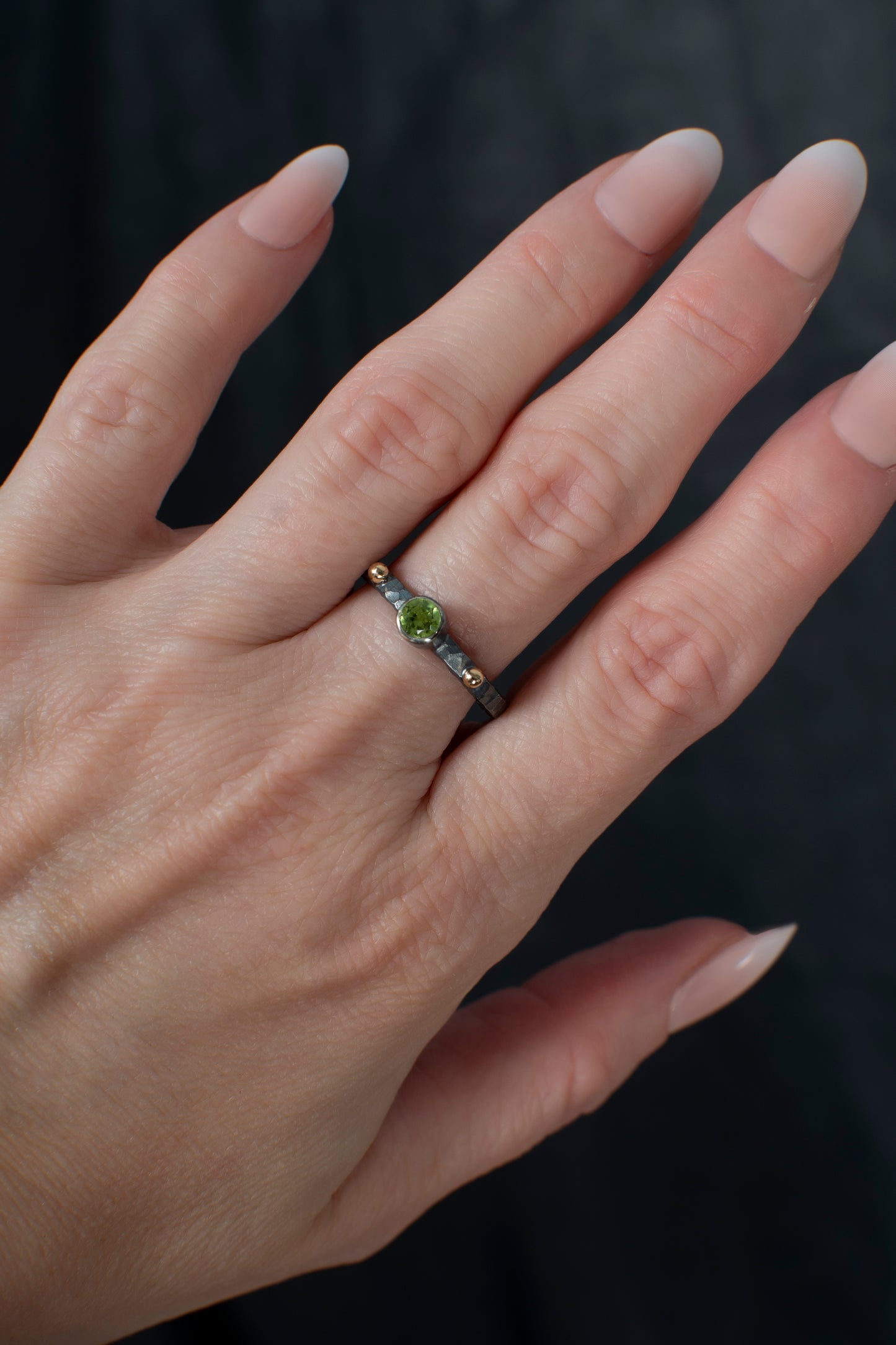Olivine Sterling Silver Ring With 14K Gold Beads