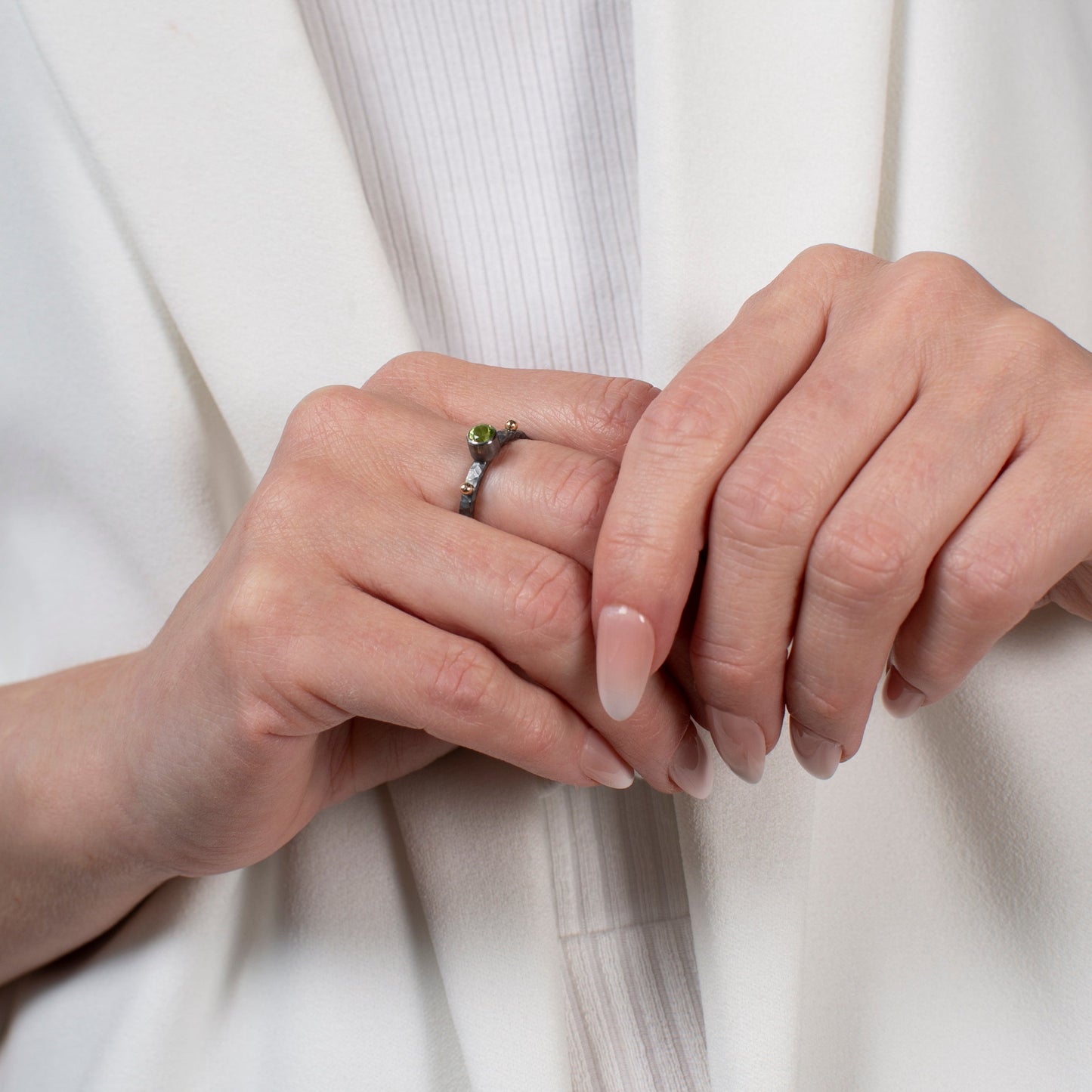 Olivine Sterling Silver Ring With 14K Gold Beads