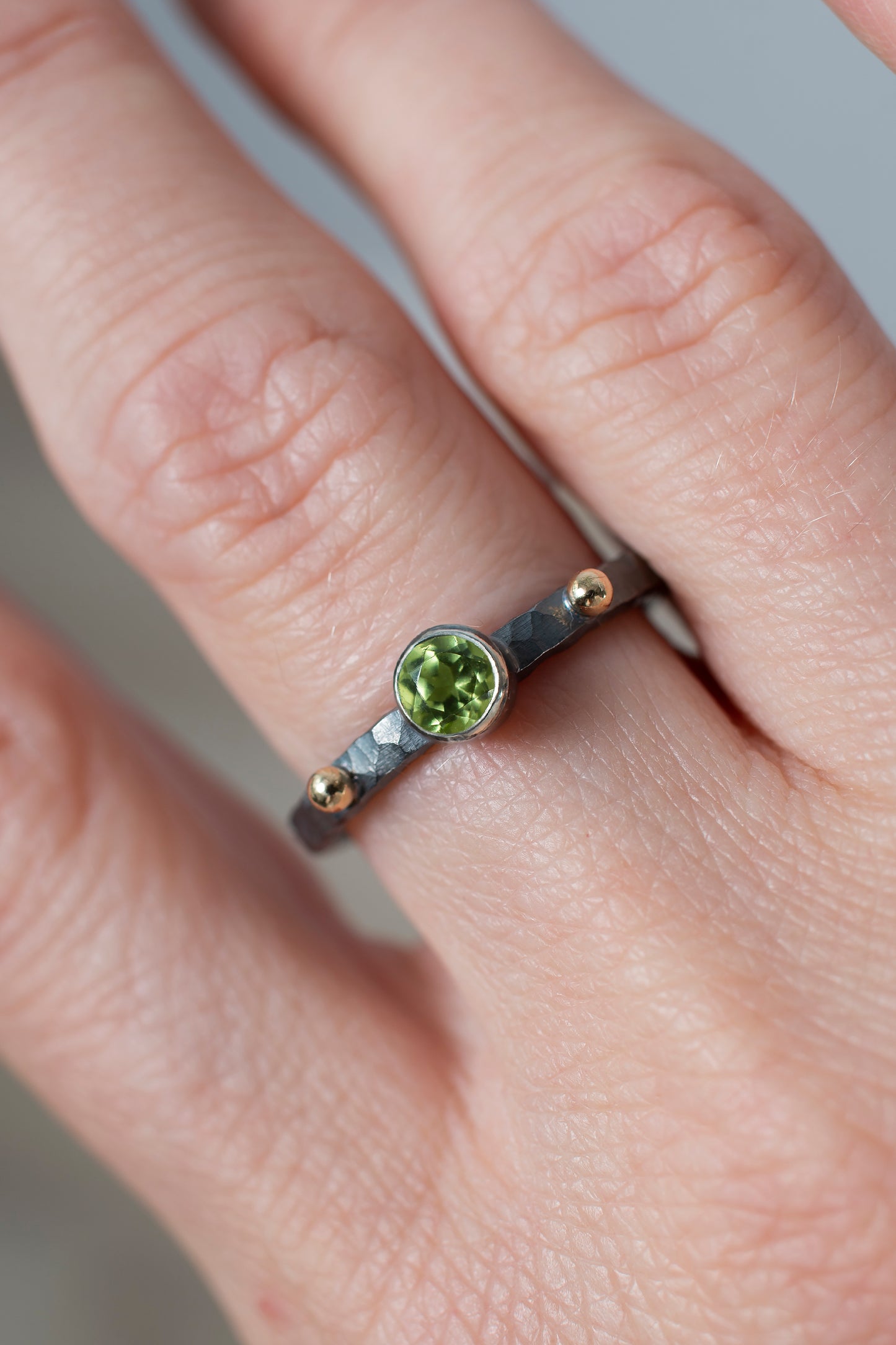 Olivine Sterling Silver Ring With 14K Gold Beads
