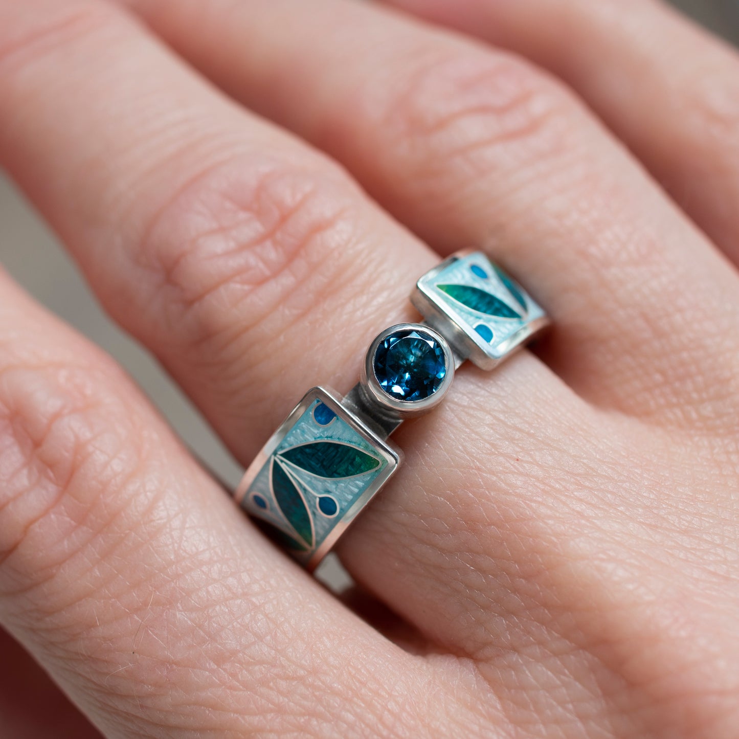 Cloisonné Enamel Ring with London Blue Topaz, Leaf Motif