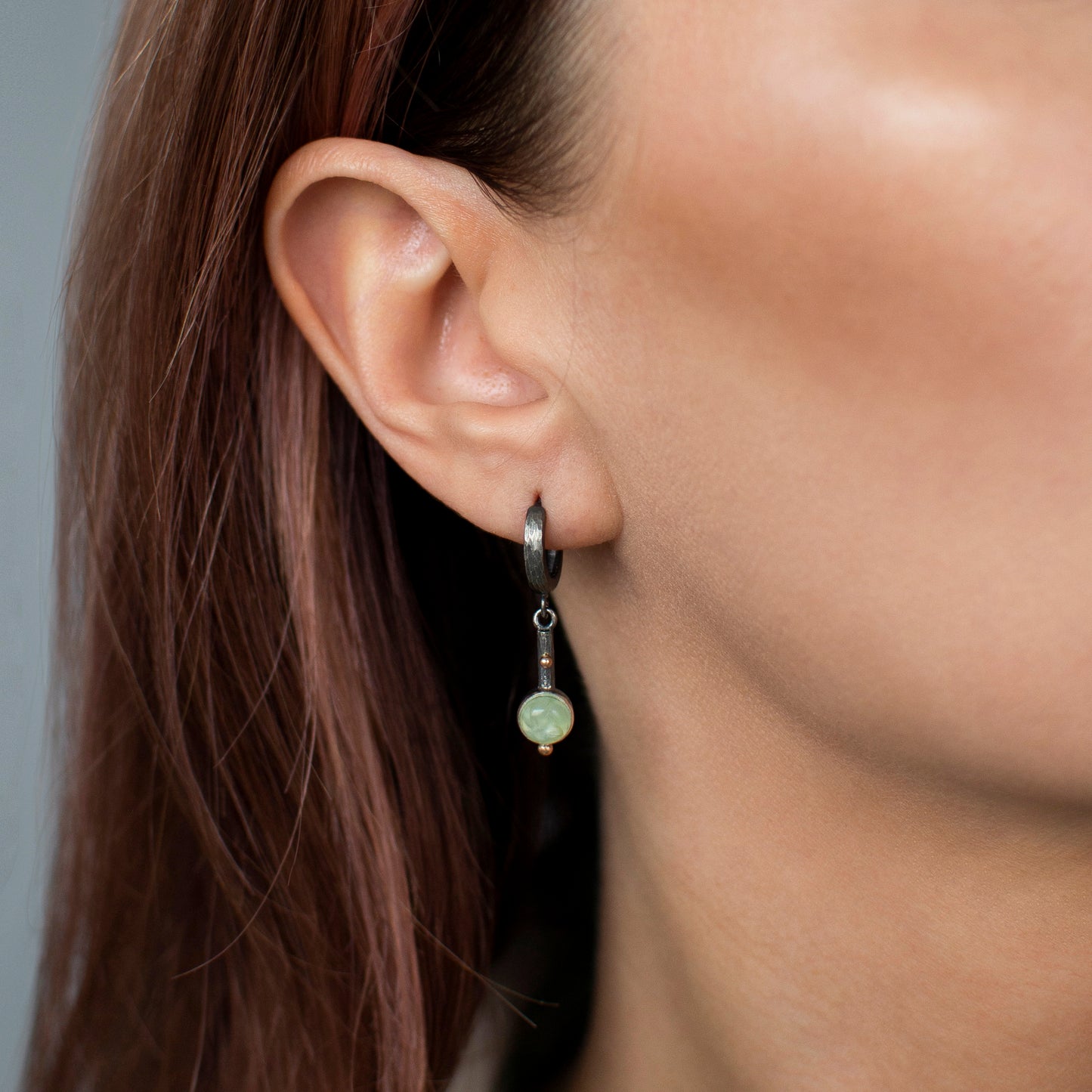 Prehnite Drop Earrings With Gold Beads And Cloisonne Enamel