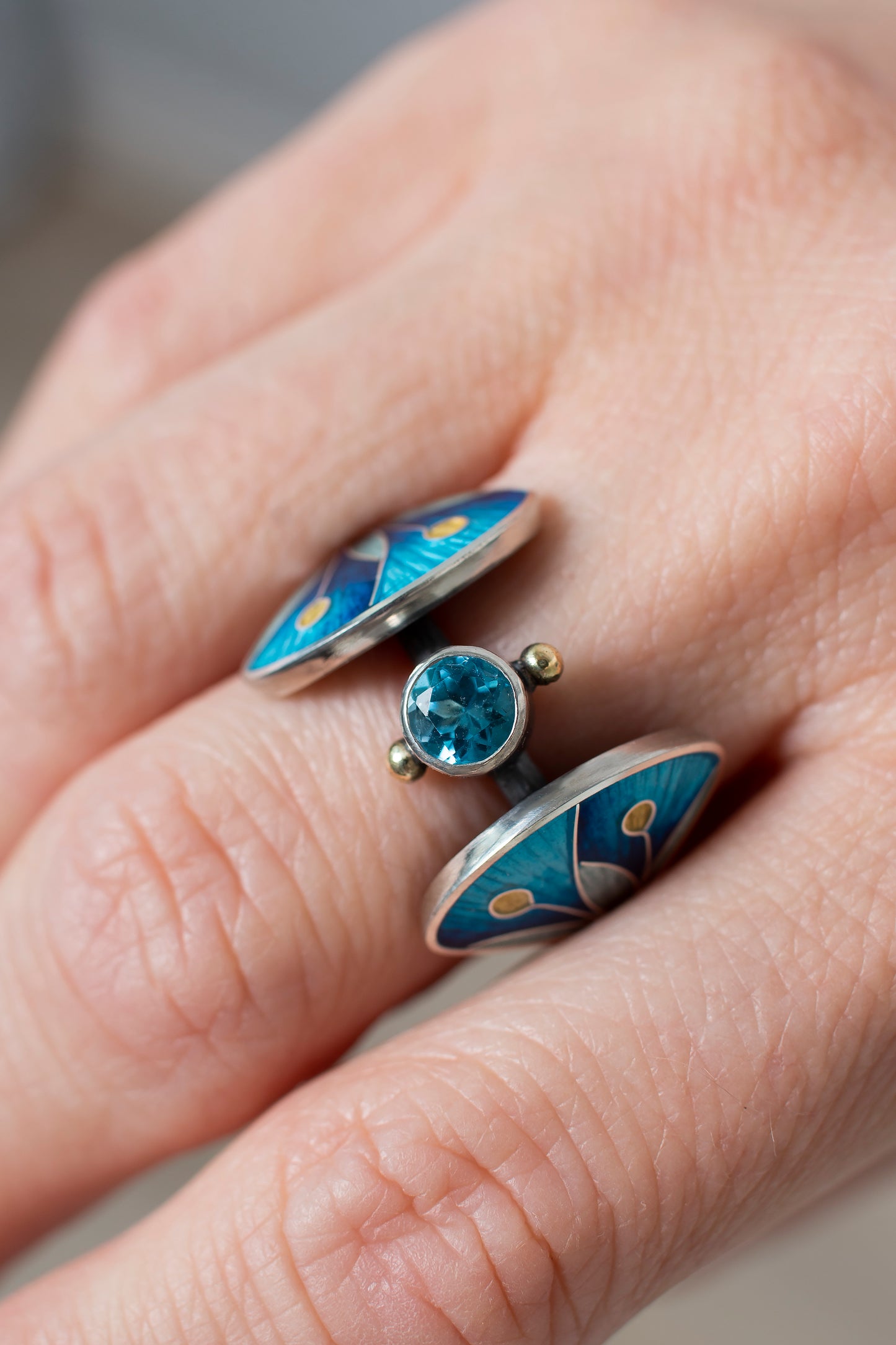 Cloisonné Enamel Ring with Rose Cut Topaz, Blue Double Leaves Ring